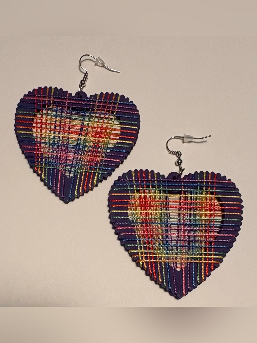 Handwoven Rainbow Heart Drop Earrings - Purple